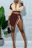 Coffee Casual Zipper Contrast Turndown Collar Long Sleeve Two Pieces