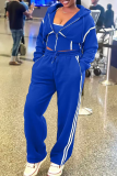 Blue Casual Contrast Hooded Long Sleeve Three Pieces