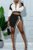 Coffee Casual Zipper Contrast Turndown Collar Long Sleeve Two Pieces