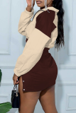 Coffee Casual Zipper Contrast Turndown Collar Long Sleeve Two Pieces