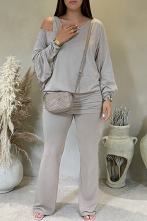 Grey Casual Solid Color Hollow Out Oblique Collar Long Sleeve Two Pieces