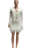 White Casual Solid Color Fringed Trim V Neck Long Sleeve Two Pieces