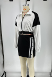 Coffee Casual Zipper Contrast Turndown Collar Long Sleeve Two Pieces