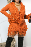 White Casual Solid Color Fringed Trim V Neck Long Sleeve Two Pieces