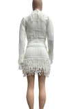 White Casual Solid Color Fringed Trim V Neck Long Sleeve Two Pieces