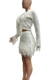White Casual Solid Color Fringed Trim V Neck Long Sleeve Two Pieces