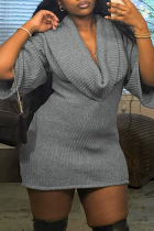 Grey Elegant Solid Color V Neck Wrapped Skirt Dresses