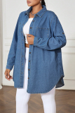 Blue Casual Solid Color Buckle Turndown Collar Plus Size Overcoat