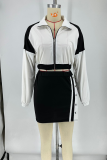 Coffee Casual Zipper Contrast Turndown Collar Long Sleeve Two Pieces
