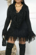 Black Casual Solid Color Fringed Trim V Neck Long Sleeve Two Pieces