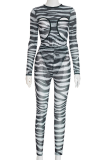Black Sexy Stripe Hollow Out O Neck Long Sleeve Two Pieces