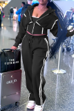 Blue Casual Contrast Hooded Long Sleeve Three Pieces