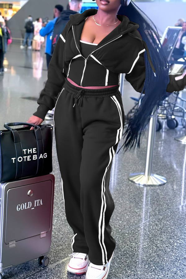 Black Casual Contrast Hooded Long Sleeve Three Pieces