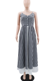 Black Gray Casual Plaid Slit Spaghetti Strap Long Dresses
