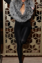 Black Casual Solid Color Fluffy Deep V Neck Skinny Jumpsuits
