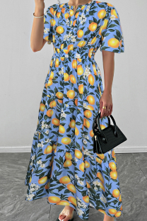 Blue Yellow Vacation Elegant Print Patchwork O Neck Long Dresses