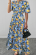 Blue Yellow Vacation Elegant Print Patchwork O Neck Long Dresses