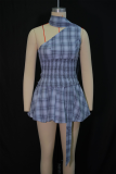 Blue Sexy Plaid Ruched O Neck Sleeveless Two Pieces