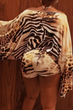 Khaki Sexy Leopard Print Patchwork Off Shoulder Regular Rompers