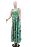 Green Elegant Print Strap Design Spaghetti Strap Long Dresses