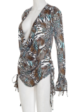 Brown Sexy Print Strap Design Deep V Neck Long Sleeve Two Pieces