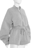 Grey Casual Solid Color Zipper Zipper Collar Long Sleeve Two Pieces