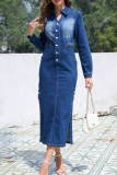 Deep Blue Casual Solid Color Buckle Turndown Collar Long Sleeve Regular Denim Dresses
