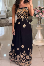 Black Sexy Print Backless Spaghetti Strap Long Dresses