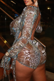 Brown Sexy Print Strap Design Deep V Neck Long Sleeve Two Pieces