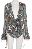 Brown Sexy Print Strap Design Deep V Neck Long Sleeve Two Pieces