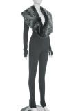 Grey Casual Solid Color Fluffy Deep V Neck Skinny Jumpsuits