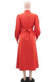 Orange Elegant Solid Color Buckle Turndown Collar Shirt Dresses