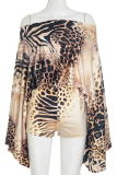 Khaki Sexy Leopard Print Patchwork Off Shoulder Regular Rompers