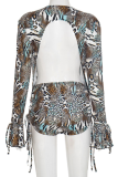 Brown Sexy Print Strap Design Deep V Neck Long Sleeve Two Pieces