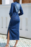 Deep Blue Casual Solid Color Buckle Turndown Collar Long Sleeve Regular Denim Dresses