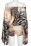 Khaki Sexy Leopard Print Patchwork Off Shoulder Regular Rompers