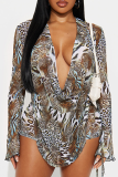 Brown Sexy Print Strap Design Deep V Neck Long Sleeve Two Pieces