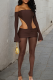 Brown Sexy Solid Color Hollow Out Off Shoulder Skinny Jumpsuits