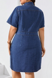 Deep Blue Casual Solid Color Buckle Turndown Collar Denim Plus Size Dresses