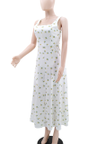 White Elegant Print Patchwork Square Neck Long Dresses