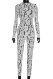 White Sexy Solid Color See-Through O Neck Skinny Jumpsuits