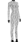White Sexy Solid Color See-Through O Neck Skinny Jumpsuits