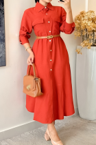 Orange Elegant Solid Color Buckle Turndown Collar Shirt Dresses