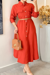 Orange Elegant Solid Color Buckle Turndown Collar Shirt Dresses