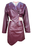 Coffee Sexy Solid Color Irregular Turndown Collar Long Sleeve Two Pieces