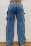 Grey Casual Solid Color Pocket Straight Denim Jeans