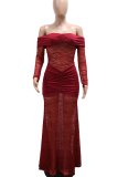 Burgundy Sexy Solid Color Lace See-Through Off Shoulder Long Dresses