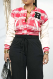 Red Casual Plaid Buckle O Neck Outerwear