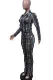 Black Sexy Snakeskin Print Zipper O Neck Long Sleeve Two Pieces