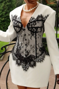 White Sexy Lace Contrast V Neck Wrapped Skirt Dresses